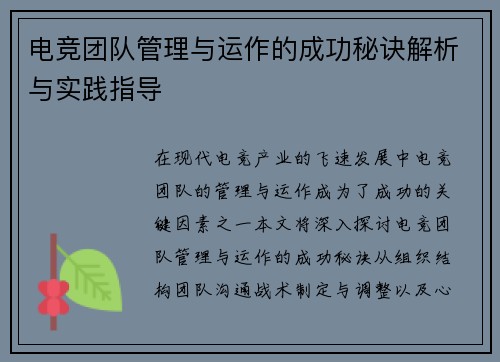 电竞团队管理与运作的成功秘诀解析与实践指导